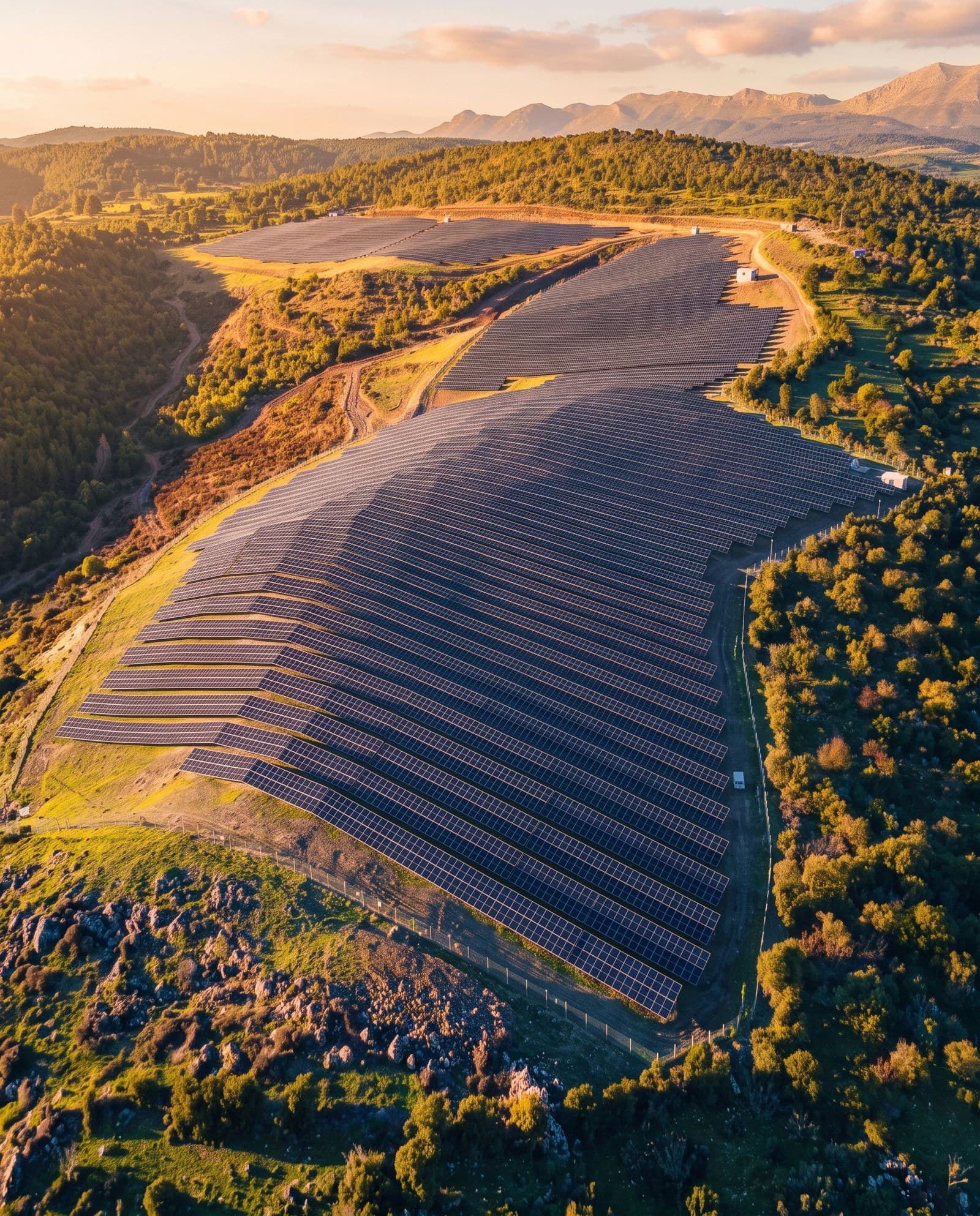 Usina solar em campo aberto ao pôr do sol